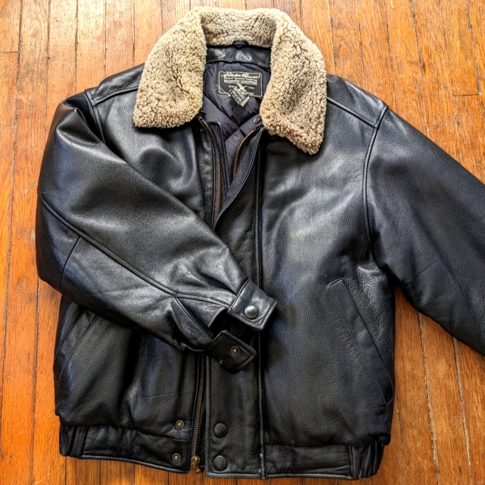 Eddie Bauer Black Leather Sherpa Jacket Coat